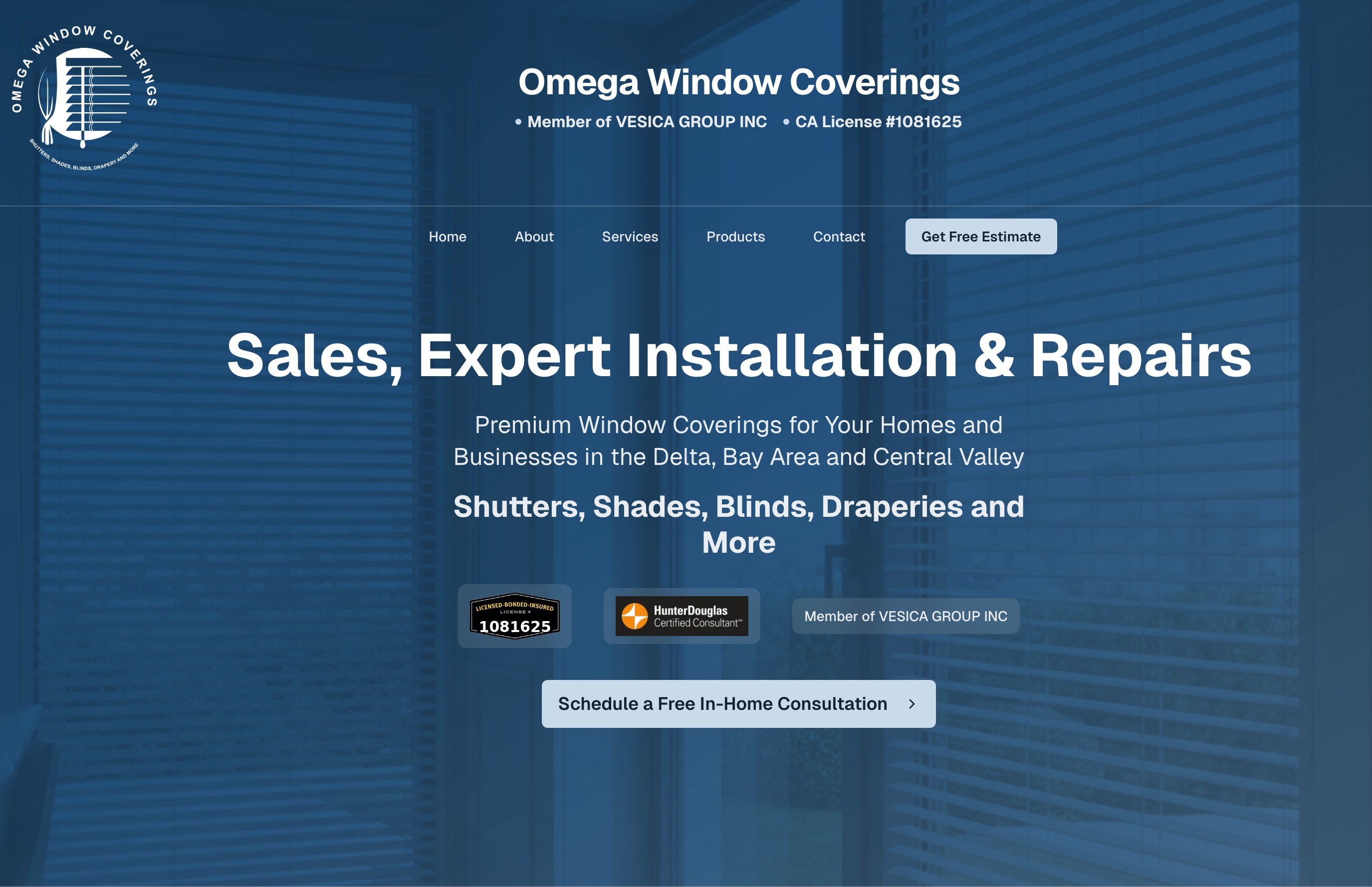 Screenshot of the Omega Window Coverings website homepage