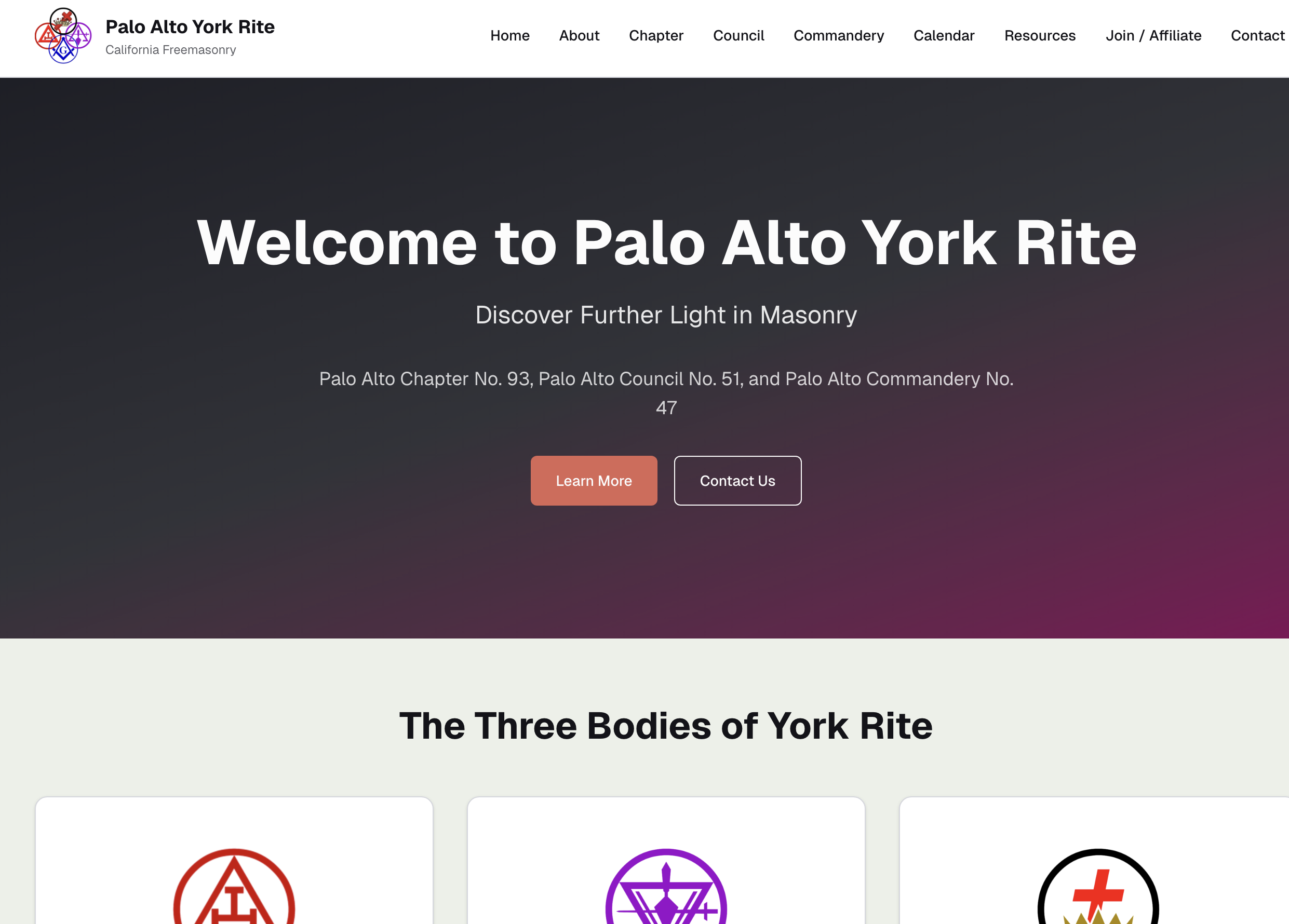 Screenshot of the Palo Alto York Rite website homepage